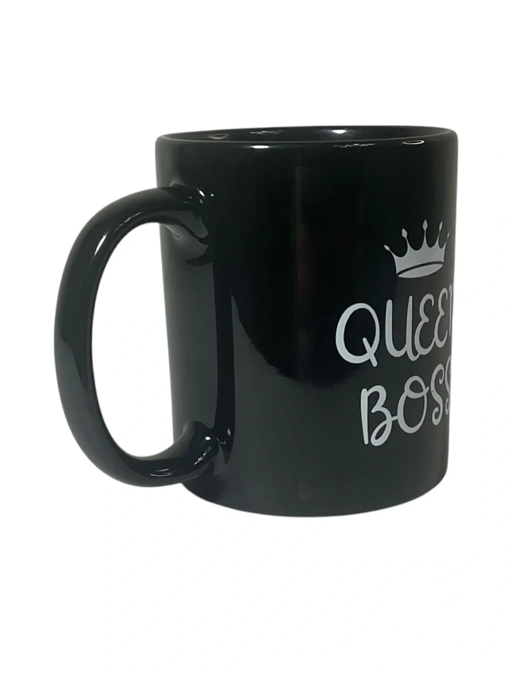 Queen Boss Black Ceramic Coffee Mug White Crown Script 11 oz Novelty Gift Cup